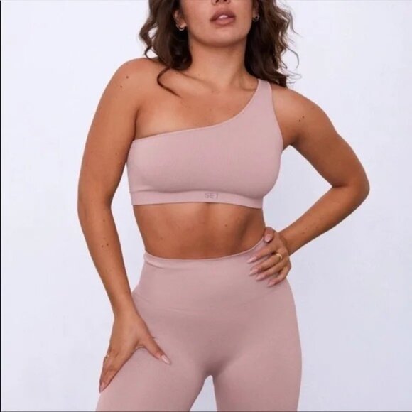 SET ACTIVE Scultpflex Ribbed Amethyst One Shoulder Bra + Leggings Size Small